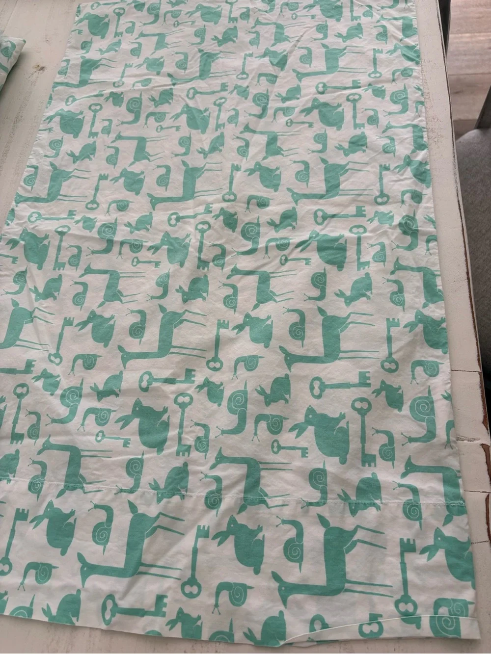 The Land of Nod Mint Green Animal & Key Print Cotton Sheet